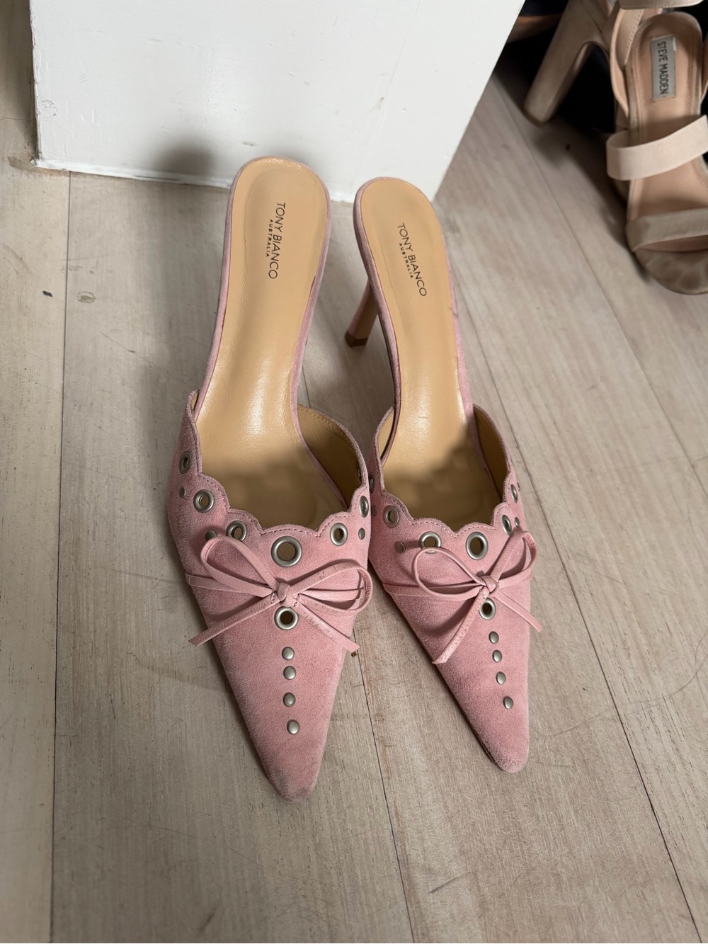 Tony Bianco Pink Suede Pointed Bow Mules with Grommet Detail